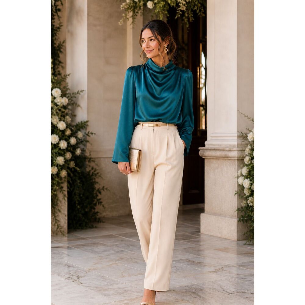 Aureum mock neck drapey jewel tone satin blouse size S